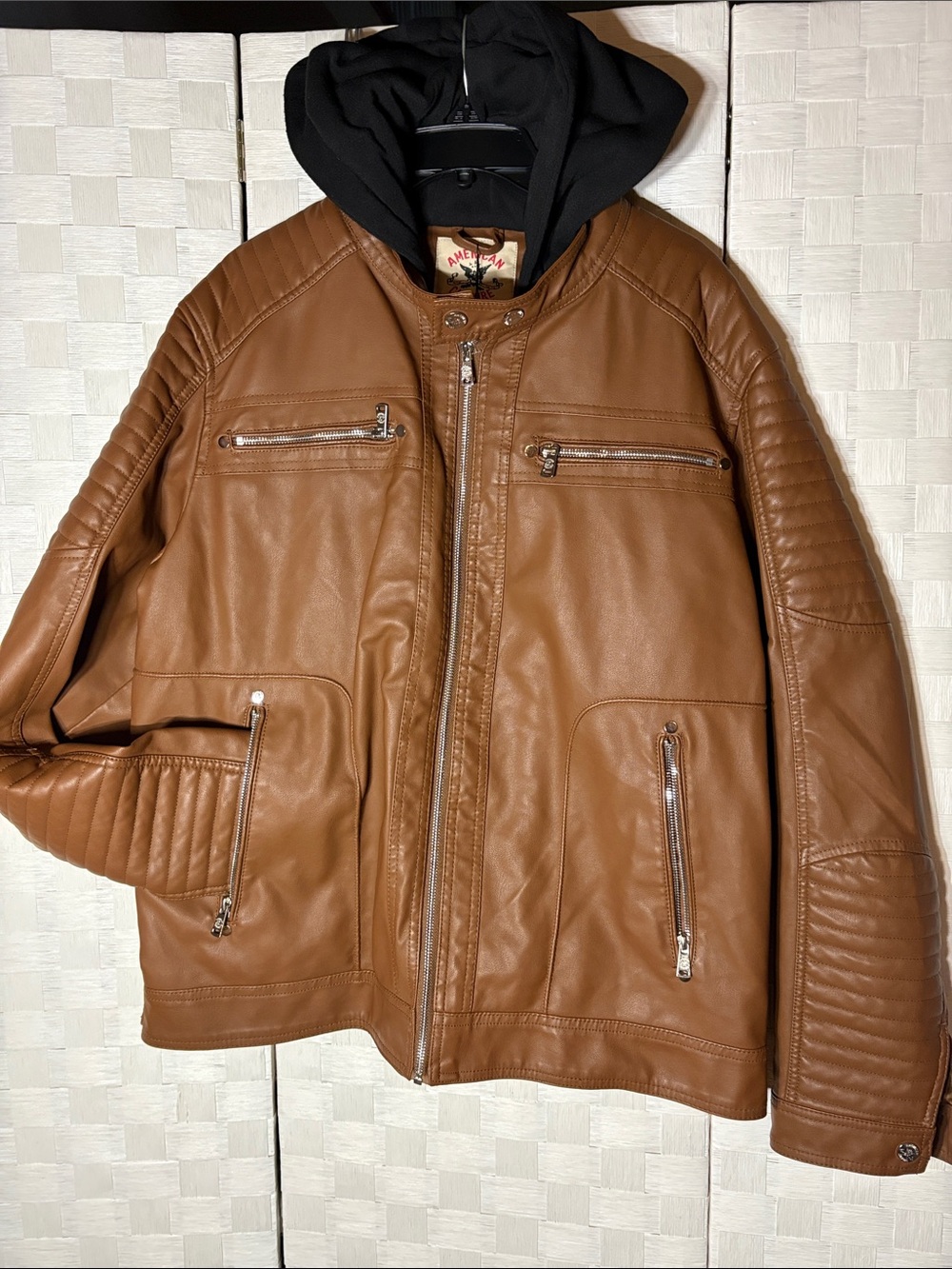 Men's Tan Faux Leather Bomber Jacket with Removable Hood